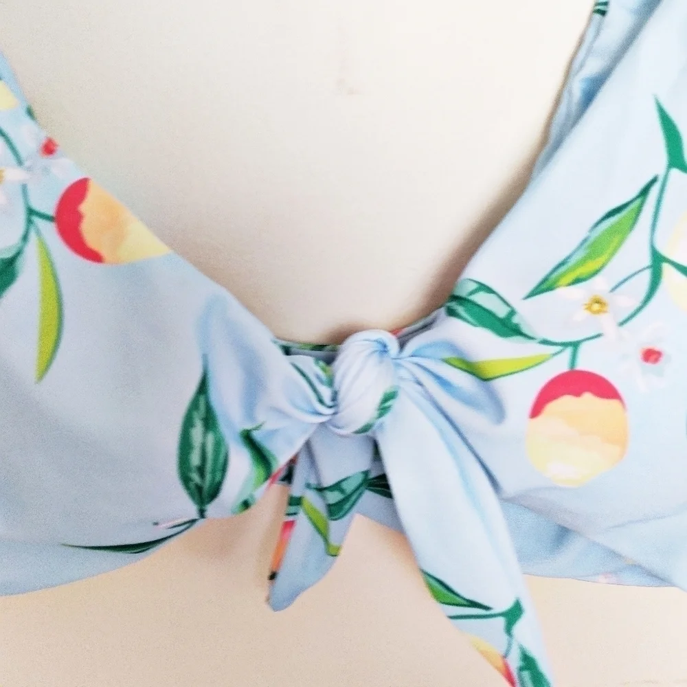 Unbranded Retro Tie Front Peach Print Baby Blue Bikini Top Size Small